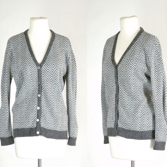 70s Gray Stripe Cardigan Sweater Vintage Chevron S - Picture 6 of 6